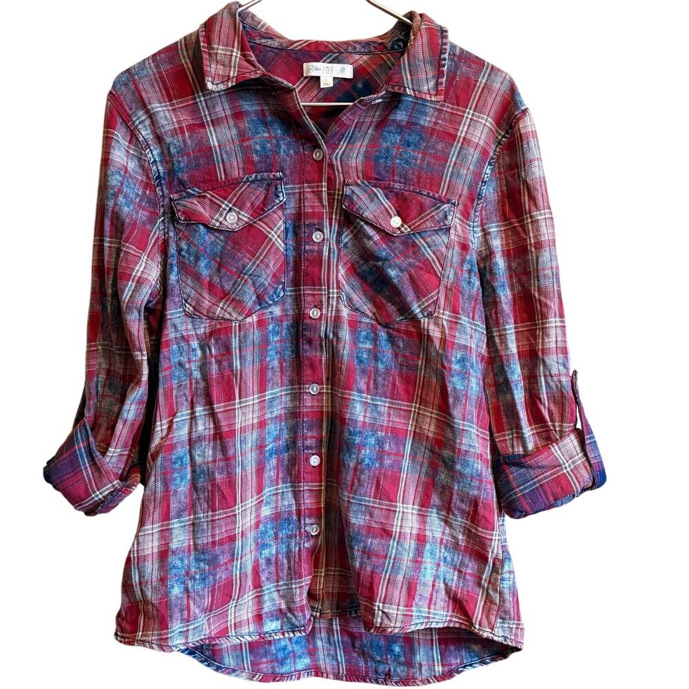 Love FIRE Womens Red, White, Blue Plaid Roll Tab Sleeve Button Up Shirt L